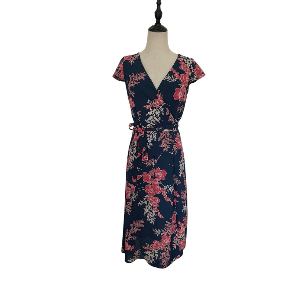 Row A Navy Floral Faux Wrap Dress MIDI Sz S Feminine Romantic Fit And Flare